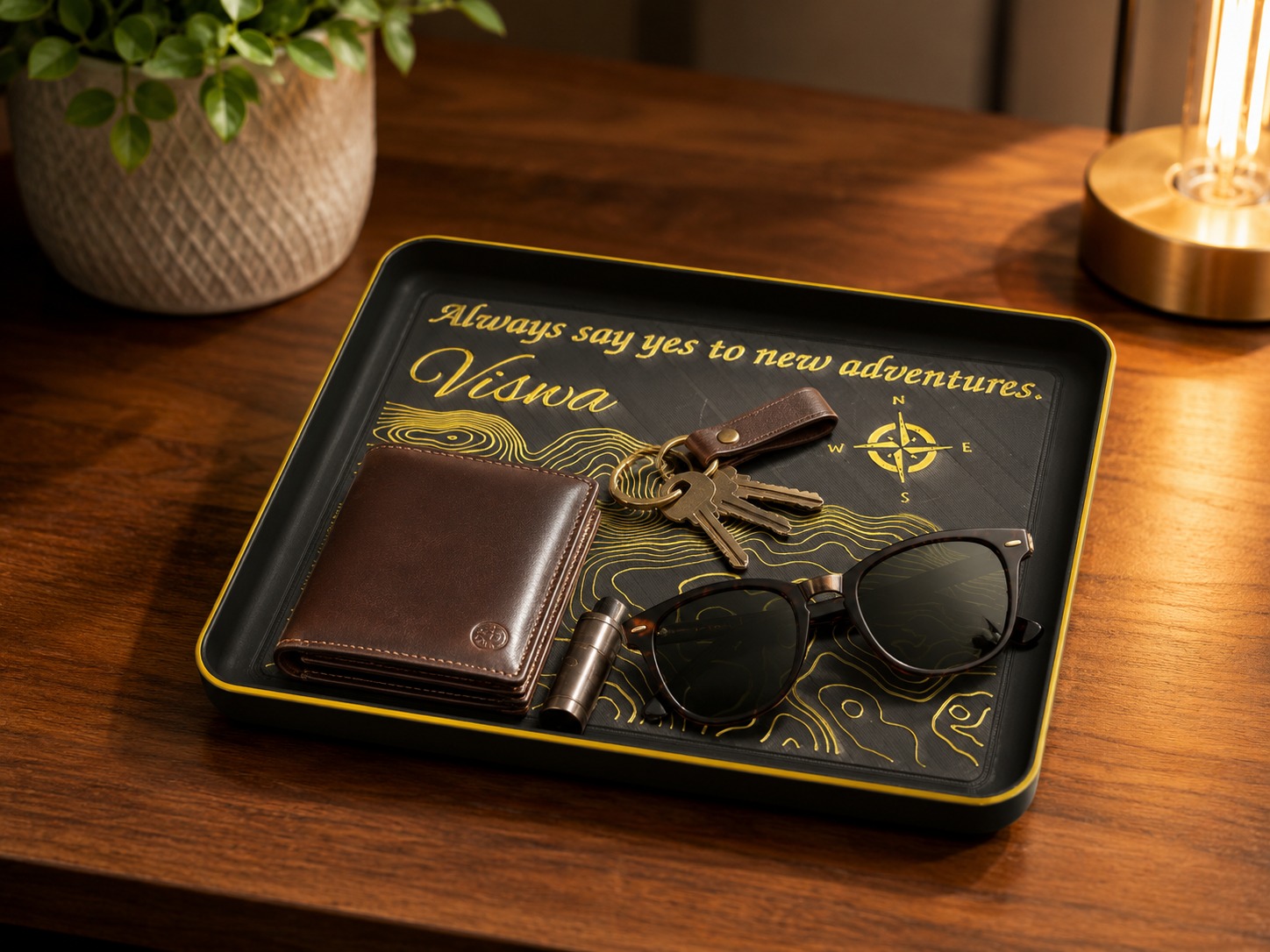 Personalised desk tray with a gold topographic design